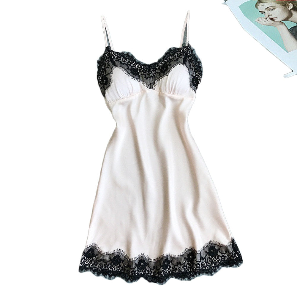 Womens Lace Pajamas Sexy Ice Silk Lotus Leaf Pendulum Sleepwear  V-Neck Cami Nightdress Home Nightwear Exotic Lingerie Costumes