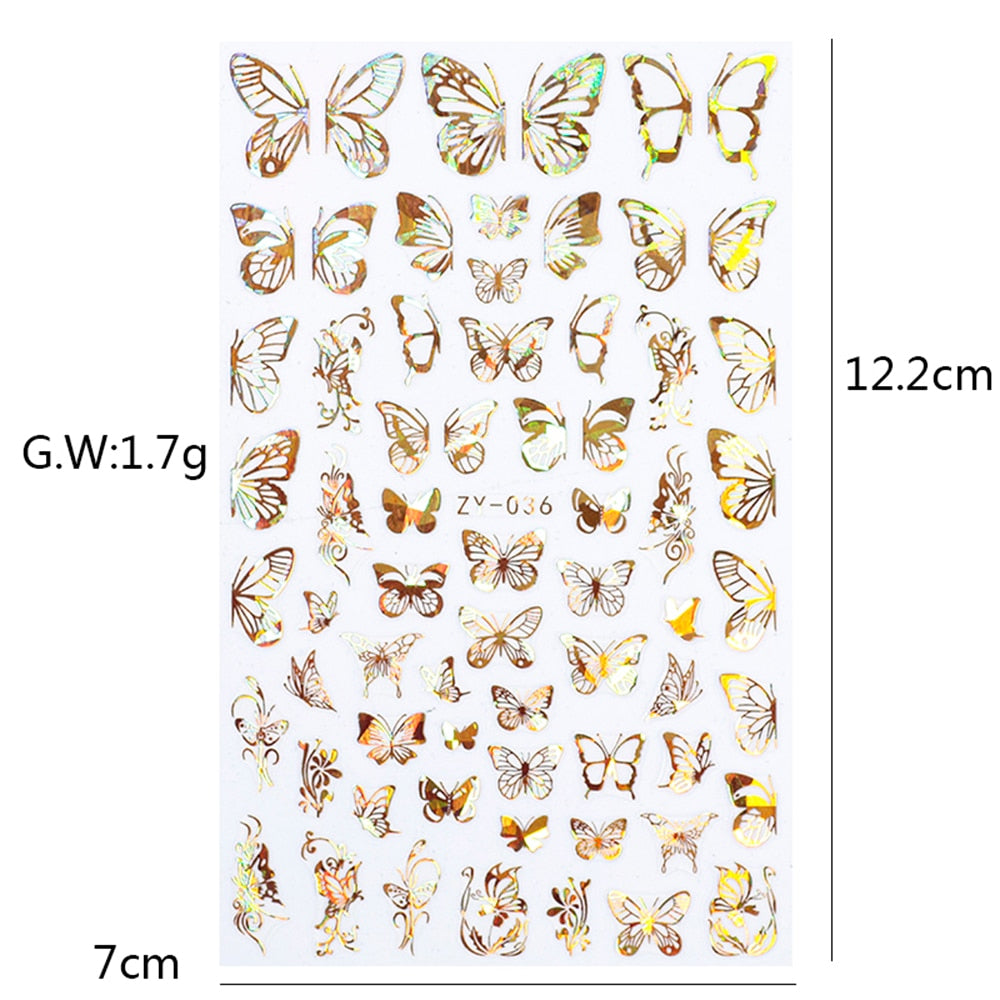 1pc Holographic 3D Butterfly Nail Art Stickers Adhesive Sliders Colorful DIY Golden Nail Transfer Decals Foils Wraps Decorations