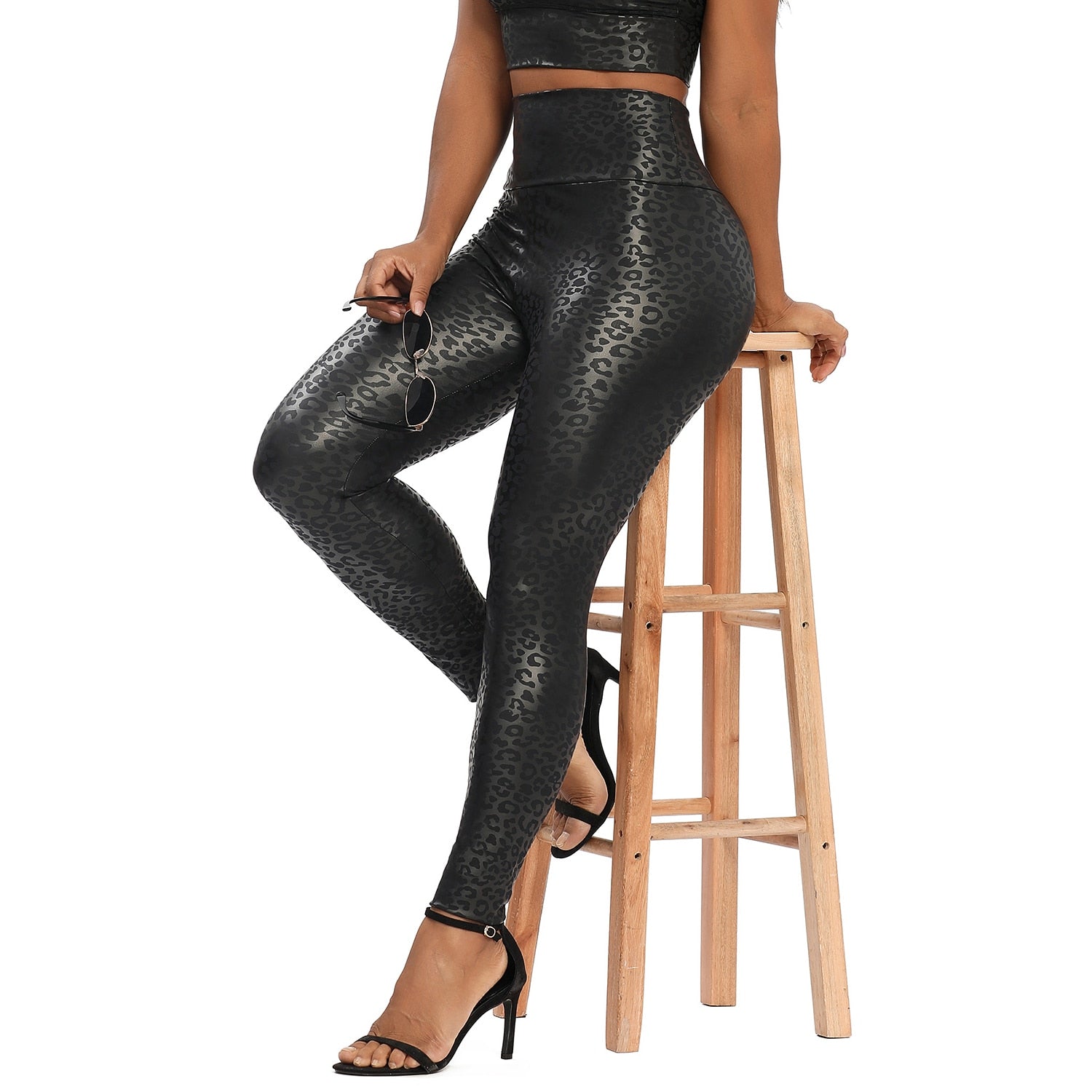 PU Leather Leggings Fitness Women Yoga Pants High Waist Sexy Curvy Elastic Leggins 2022 Fashion Stretch Trousers Leopard Pants