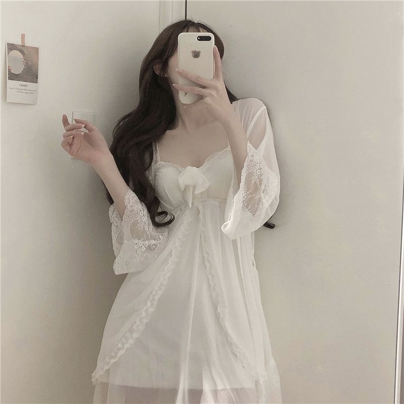 Women Robe Gown Sets Chic Lace Mesh Elegant Sweet Simple Solid White Sleepwear Girls Sexy Breathable Slim Empire Nightdress Bow
