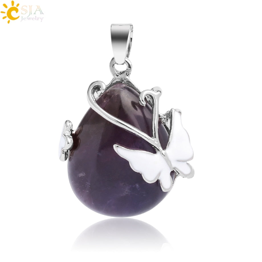 Water Drop Natural Stone Pendant Butterfly Necklace Pink Quartz Purple Crystal Tiger Eye Flower Necklace for Women Men G082