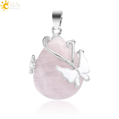 Water Drop Natural Stone Pendant Butterfly Necklace Pink Quartz Purple Crystal Tiger Eye Flower Necklace for Women Men G082