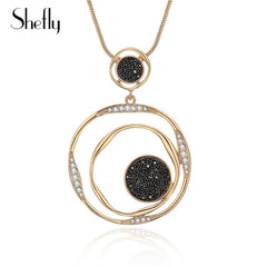 Luxury Black Crystal Female Necklace Sweater Chain Gold Silver Color Big Round Pendant Long Necklace Jewelry For Women New In