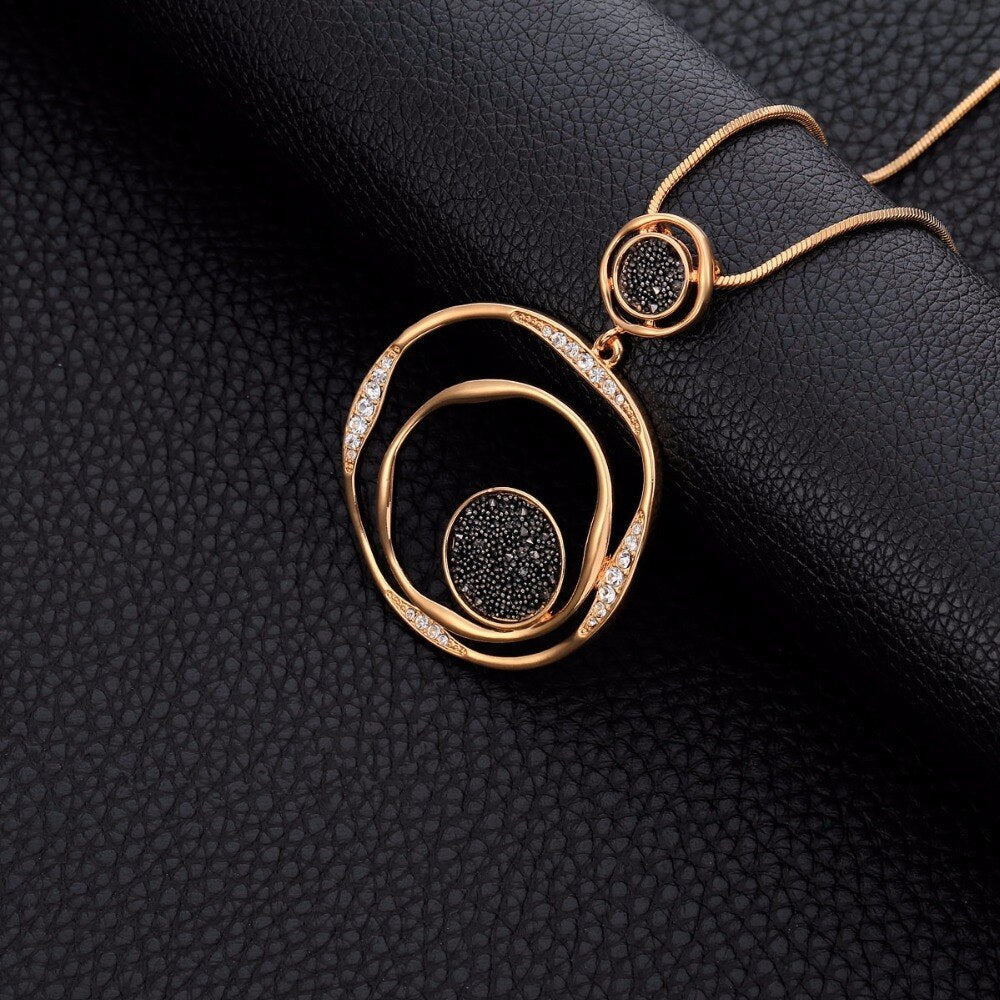 Luxury Black Crystal Female Necklace Sweater Chain Gold Silver Color Big Round Pendant Long Necklace Jewelry For Women New In