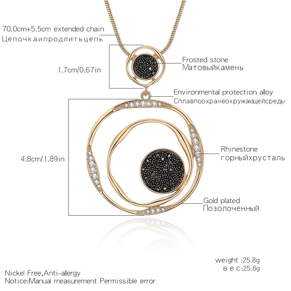 Luxury Black Crystal Female Necklace Sweater Chain Gold Silver Color Big Round Pendant Long Necklace Jewelry For Women New In