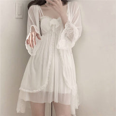 Women Robe Gown Sets Chic Lace Mesh Elegant Sweet Simple Solid White Sleepwear Girls Sexy Breathable Slim Empire Nightdress Bow