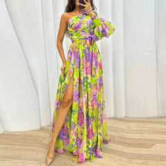 Sexy Female Hight Split Loose Hem One Shoulder Print Beach Party Dress Lady Side Split One Sleeve Long Dress Women Evening Dress