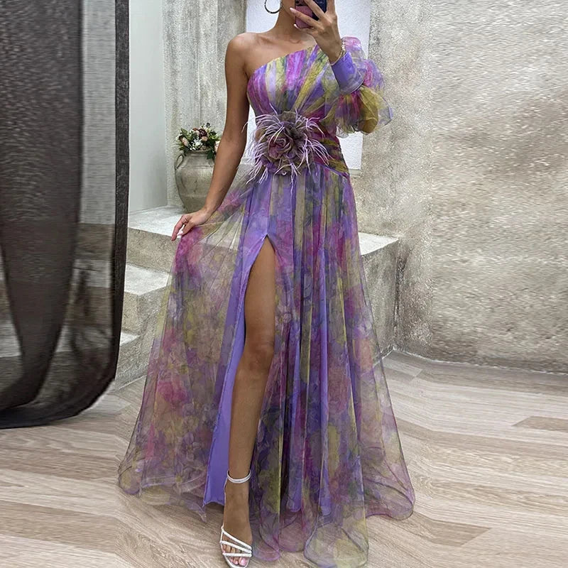 Sexy Female Hight Split Loose Hem One Shoulder Print Beach Party Dress Lady Side Split One Sleeve Long Dress Women Evening Dress