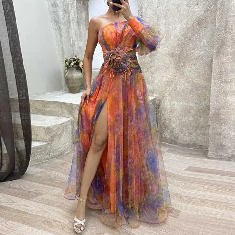 Sexy Female Hight Split Loose Hem One Shoulder Print Beach Party Dress Lady Side Split One Sleeve Long Dress Women Evening Dress