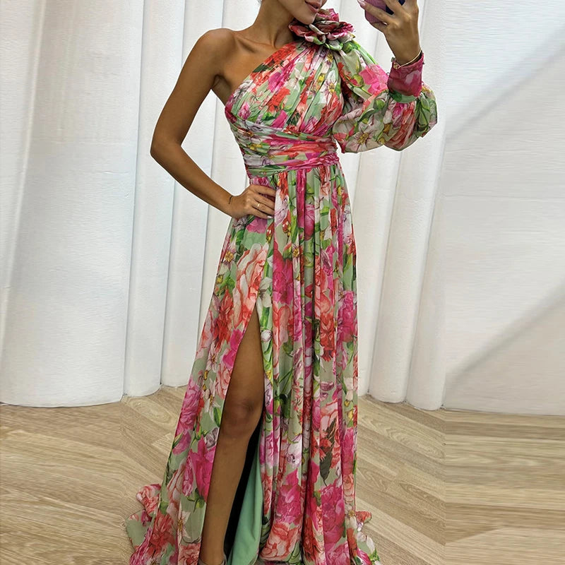 Sexy Female Hight Split Loose Hem One Shoulder Print Beach Party Dress Lady Side Split One Sleeve Long Dress Women Evening Dress