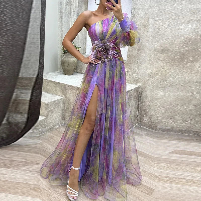 Sexy Female Hight Split Loose Hem One Shoulder Print Beach Party Dress Lady Side Split One Sleeve Long Dress Women Evening Dress