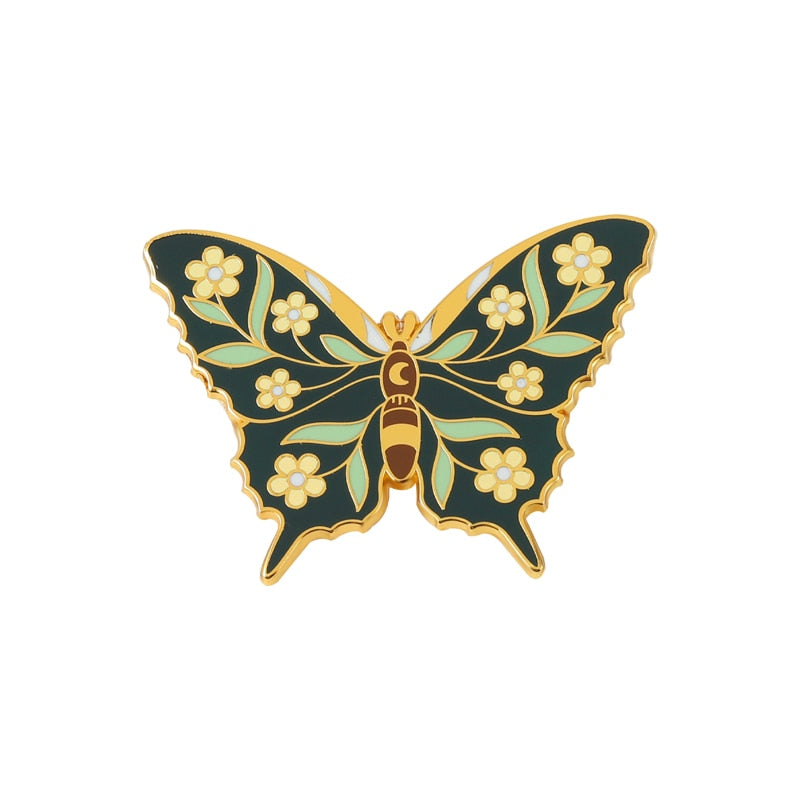 Butterflys Moth Hard Enamel Pins Custom Lily of the Valley Vine Brooches Lapel Badge Black Insect Plant Jewelry Gift for Friends