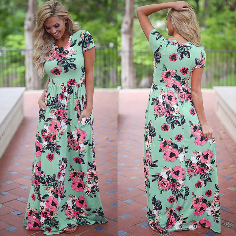 Summer Maxi Dress Women Pink Floral Print Boho Beach Dress Ladies Evening Party Long Dress Sundress Vestidos de festa 3XL