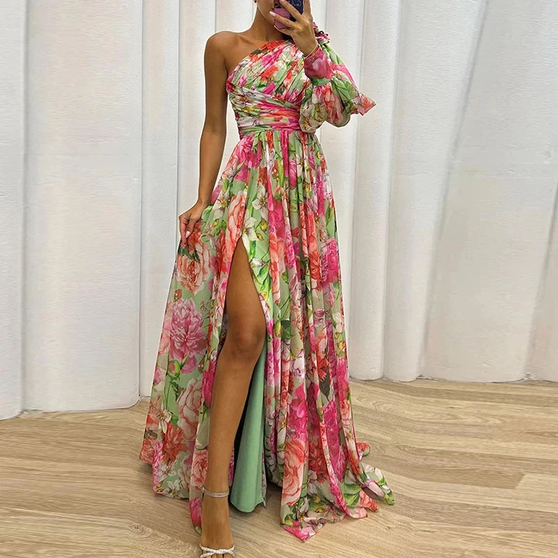 Sexy Female Hight Split Loose Hem One Shoulder Print Beach Party Dress Lady Side Split One Sleeve Long Dress Women Evening Dress