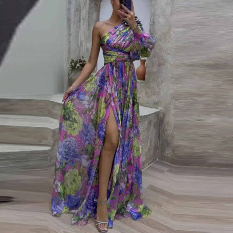 Sexy Female Hight Split Loose Hem One Shoulder Print Beach Party Dress Lady Side Split One Sleeve Long Dress Women Evening Dress