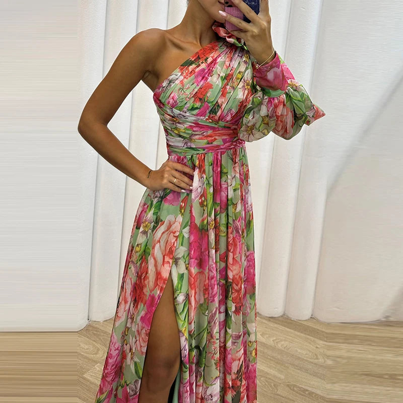 Sexy Female Hight Split Loose Hem One Shoulder Print Beach Party Dress Lady Side Split One Sleeve Long Dress Women Evening Dress