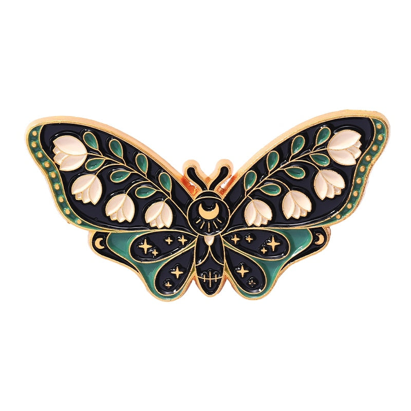 Butterflys Moth Hard Enamel Pins Custom Lily of the Valley Vine Brooches Lapel Badge Black Insect Plant Jewelry Gift for Friends