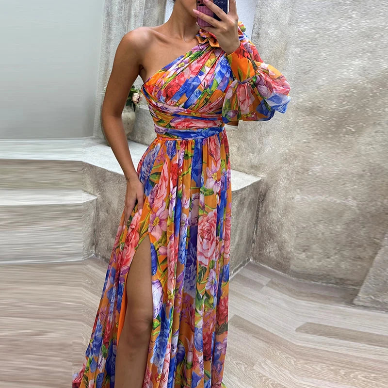 Sexy Female Hight Split Loose Hem One Shoulder Print Beach Party Dress Lady Side Split One Sleeve Long Dress Women Evening Dress