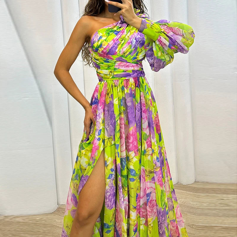 Sexy Female Hight Split Loose Hem One Shoulder Print Beach Party Dress Lady Side Split One Sleeve Long Dress Women Evening Dress