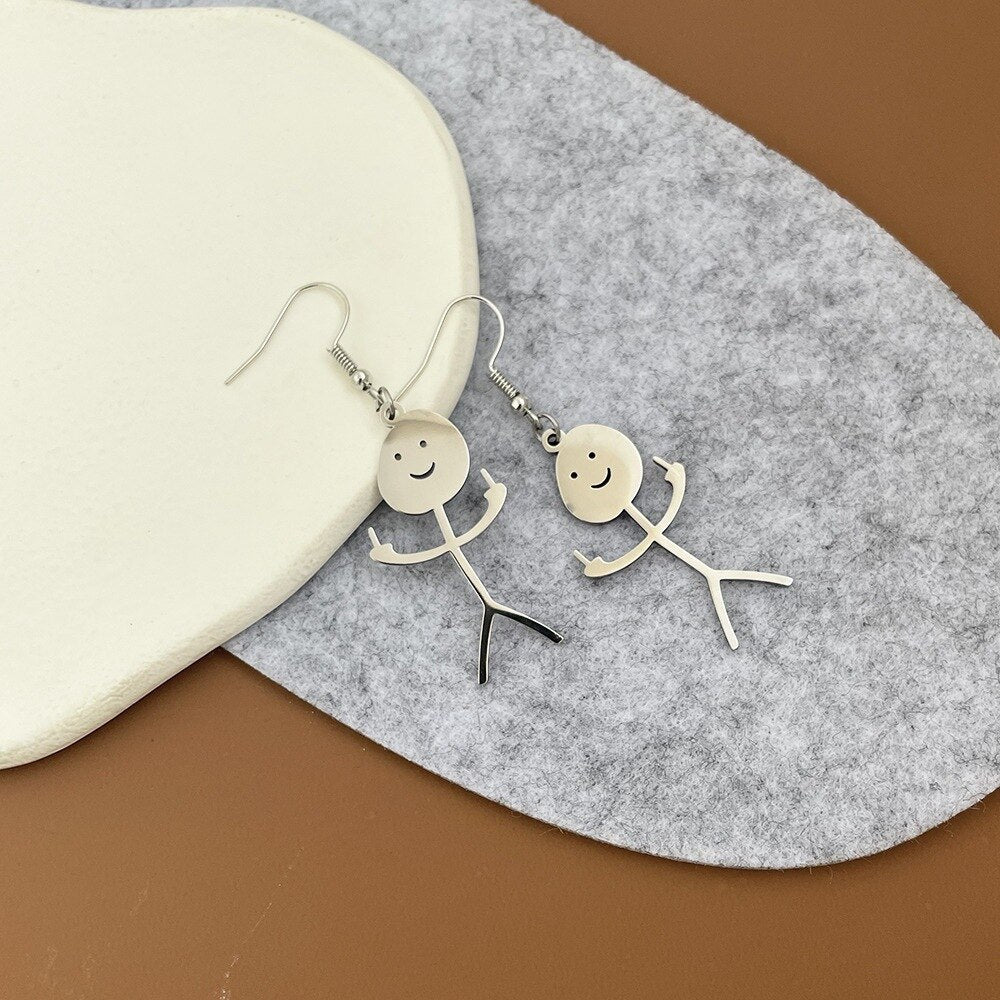 Steel Fuxk You Doodle Earrings For Woman Trend Punk Middle Finger Stickman Hip Hop Dangle Earrings Cool 2023 New Jewely