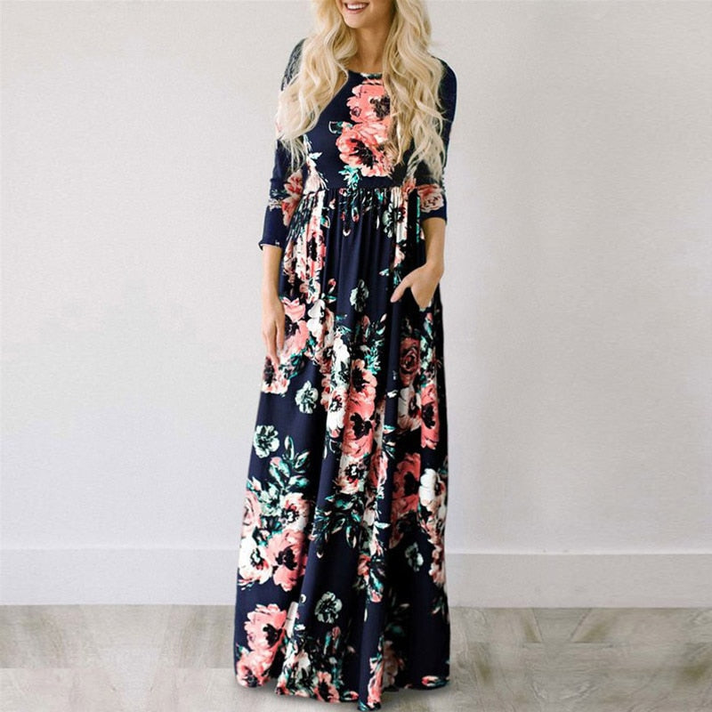 Summer Maxi Dress Women Pink Floral Print Boho Beach Dress Ladies Evening Party Long Dress Sundress Vestidos de festa 3XL