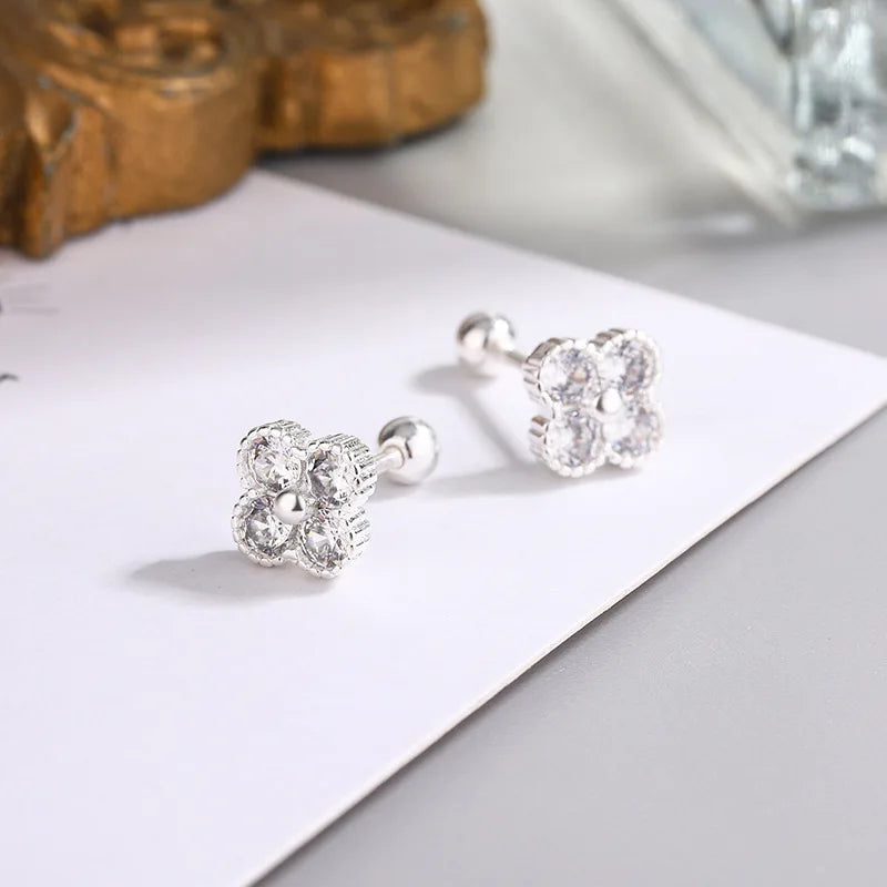 925 Sterling Silver Four Round Zircon Small Stud Earrings For Women Piercing Luxury Elegant High Fine Jewelry