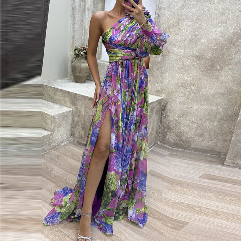 Sexy Female Hight Split Loose Hem One Shoulder Print Beach Party Dress Lady Side Split One Sleeve Long Dress Women Evening Dress