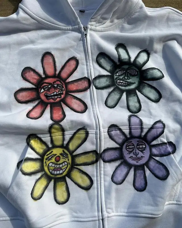 Harajuku Vintage Sunflower Print Zipper Hoodie 2024 American New Men's and Women's Street Casual Loose Y2K Clothes anime hoodie