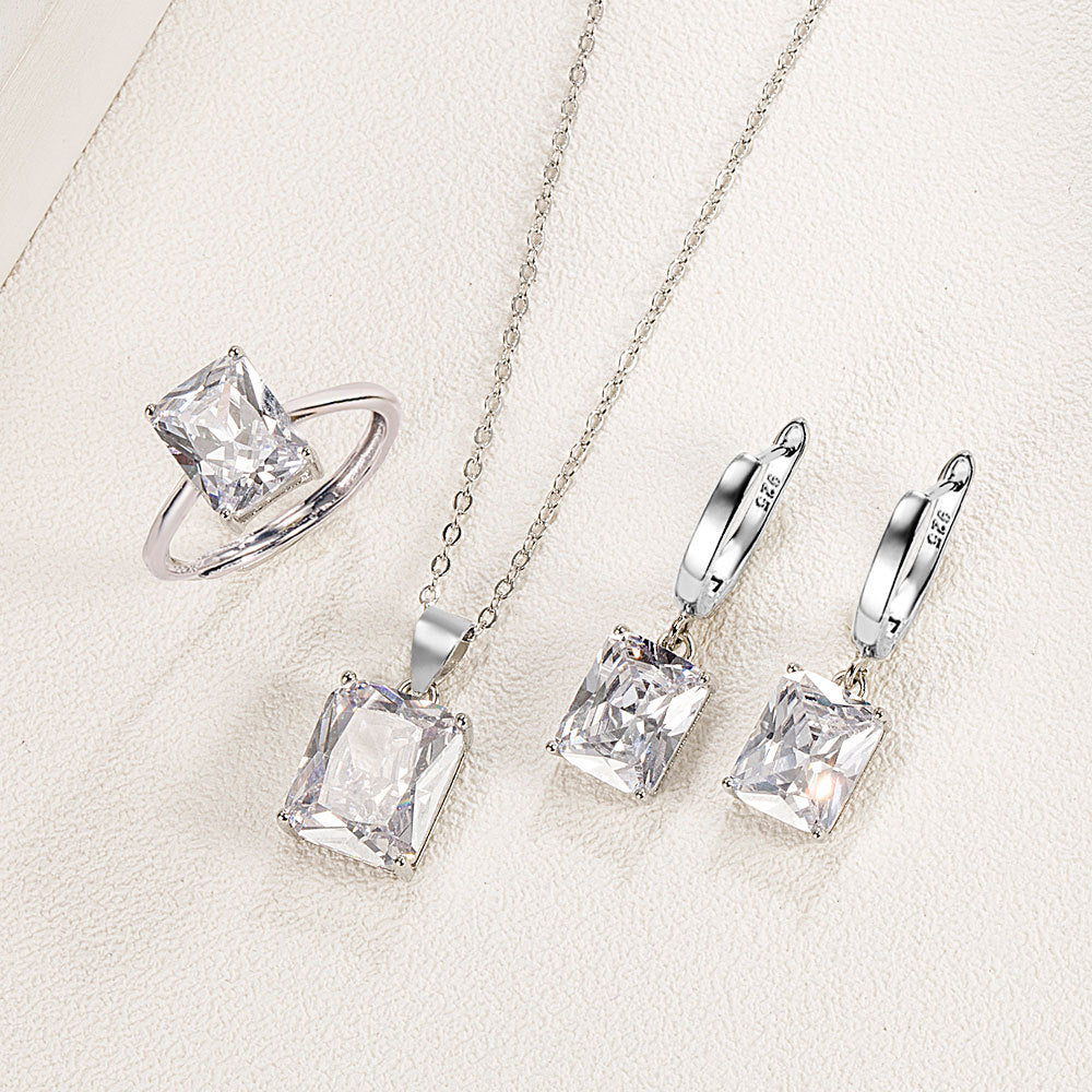 925 Sterling Silver Ring Earrings Necklace For Women Rectangle Geometry Zircon Wedding Elegant Jewelry Sets