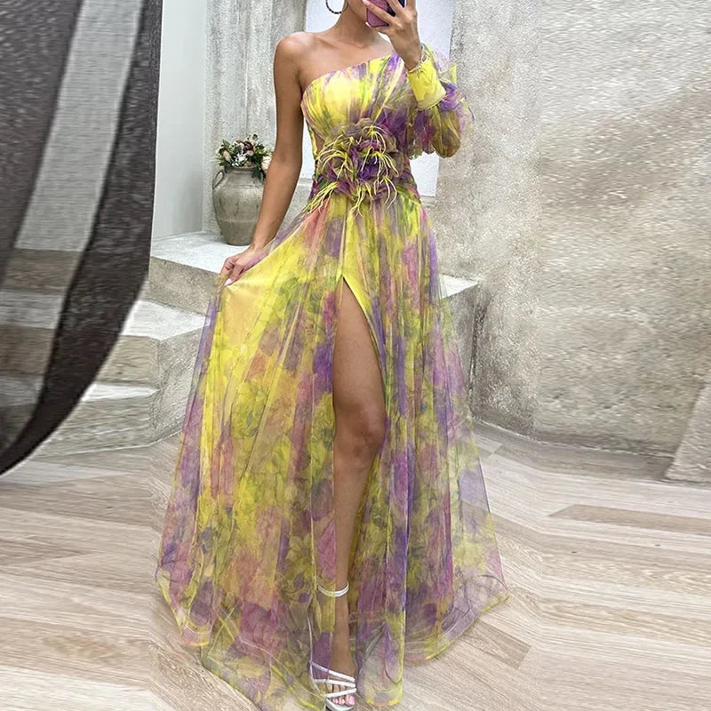 Sexy Female Hight Split Loose Hem One Shoulder Print Beach Party Dress Lady Side Split One Sleeve Long Dress Women Evening Dress