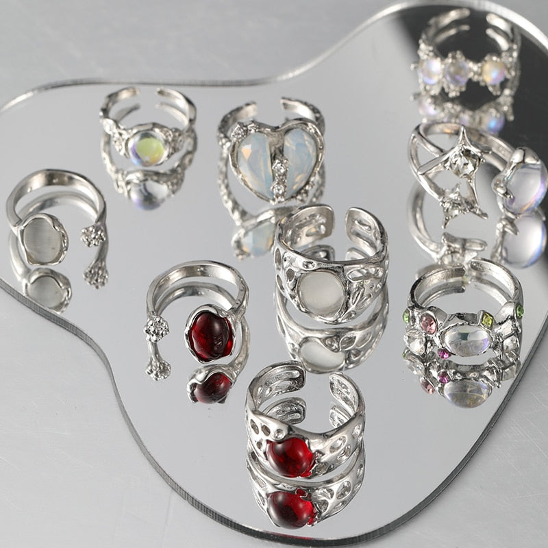 Irregular Open Rings Moonstone Heart Finger Rings For Women Girls Kpop Sweet Cool Trendy Aesthetic Jewelry Gifts Wholesale