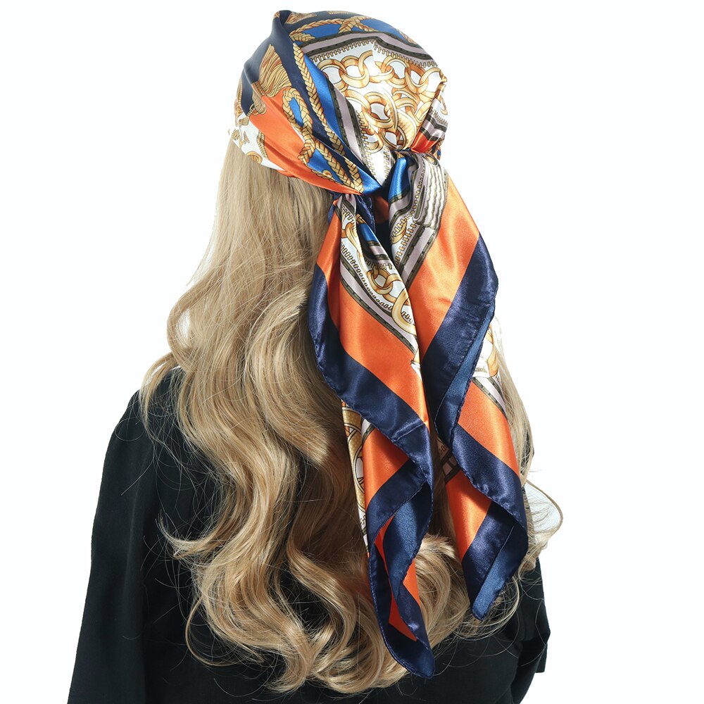 Solid Color Head Scarf Blcak Square 90*90 Silk Foulard Satin Bandana Cheveux Neckerchief Hijab Accessoires For Woman Hair Scarf