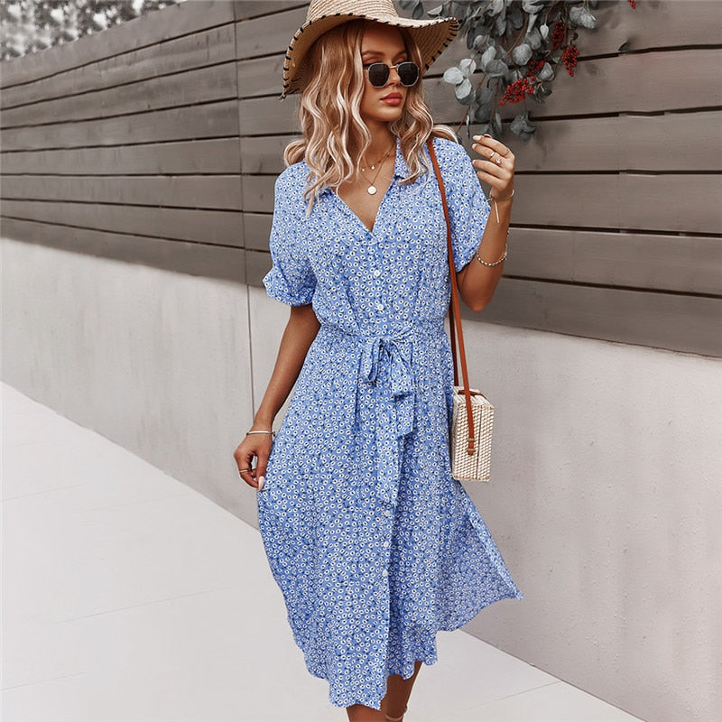 Women Floral Dress 2023 Summer Casual Short Sleeve Button Holiday Midi Dresses Female V-Neck Beach Boho Chic Dress Elegant Robe