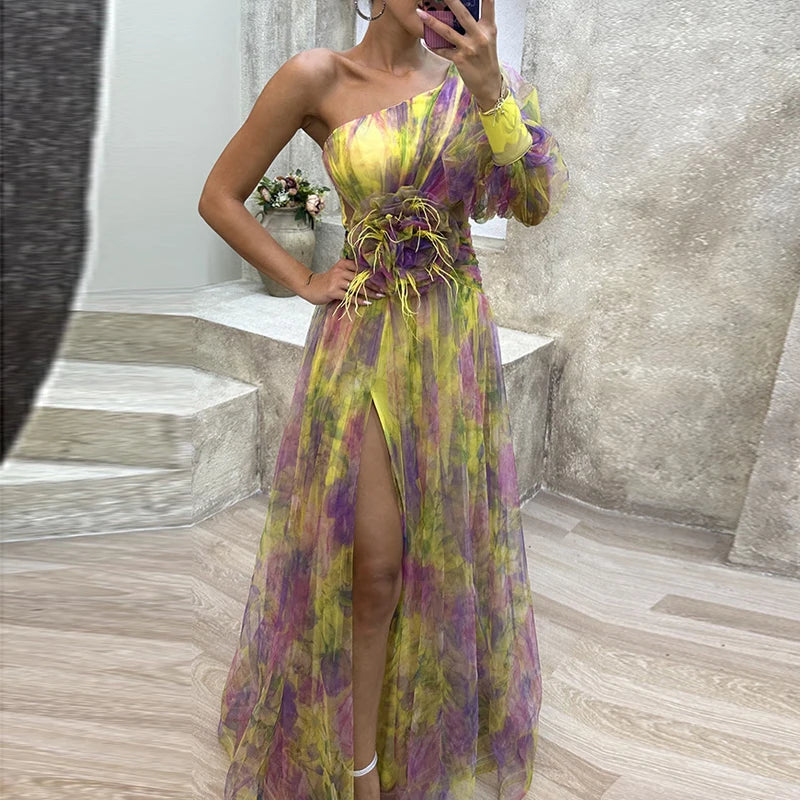 Sexy Female Hight Split Loose Hem One Shoulder Print Beach Party Dress Lady Side Split One Sleeve Long Dress Women Evening Dress