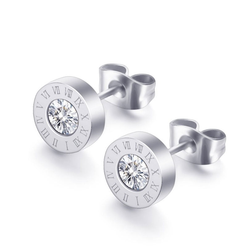 Fashion Round Anti-allergy Titanium Steel Roman Numeral Stud Earrings for Women Men Crystal Stainless Steel Earrings Jewelry