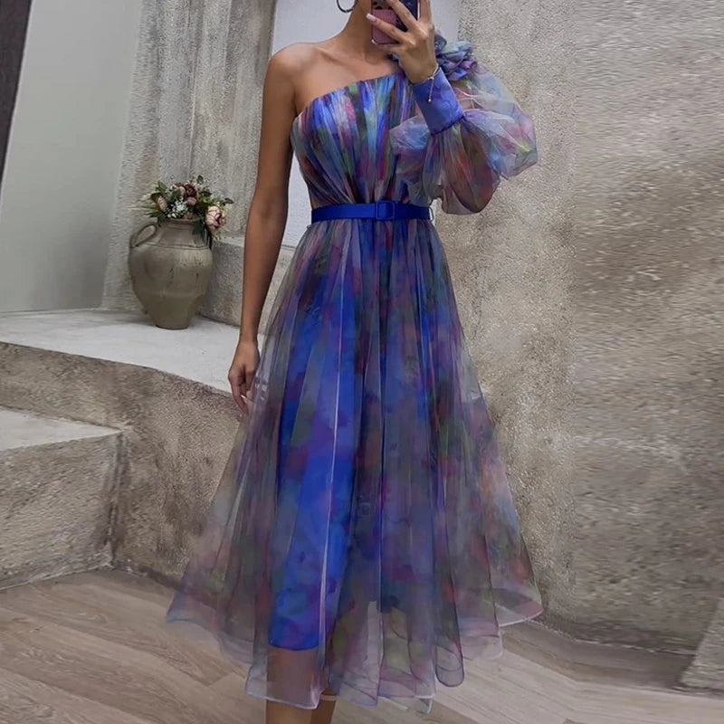 Sexy Female Hight Split Loose Hem One Shoulder Print Beach Party Dress Lady Side Split One Sleeve Long Dress Women Evening Dress