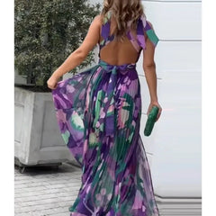 Summer Autumn Floral Print Pleated Slit Dress Women's Dress Women's Fashion Backless Sleeveless V-neck High Waist Dress