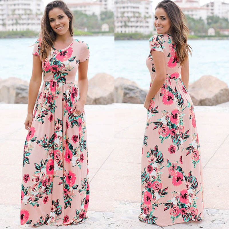 Summer Maxi Dress Women Pink Floral Print Boho Beach Dress Ladies Evening Party Long Dress Sundress Vestidos de festa 3XL