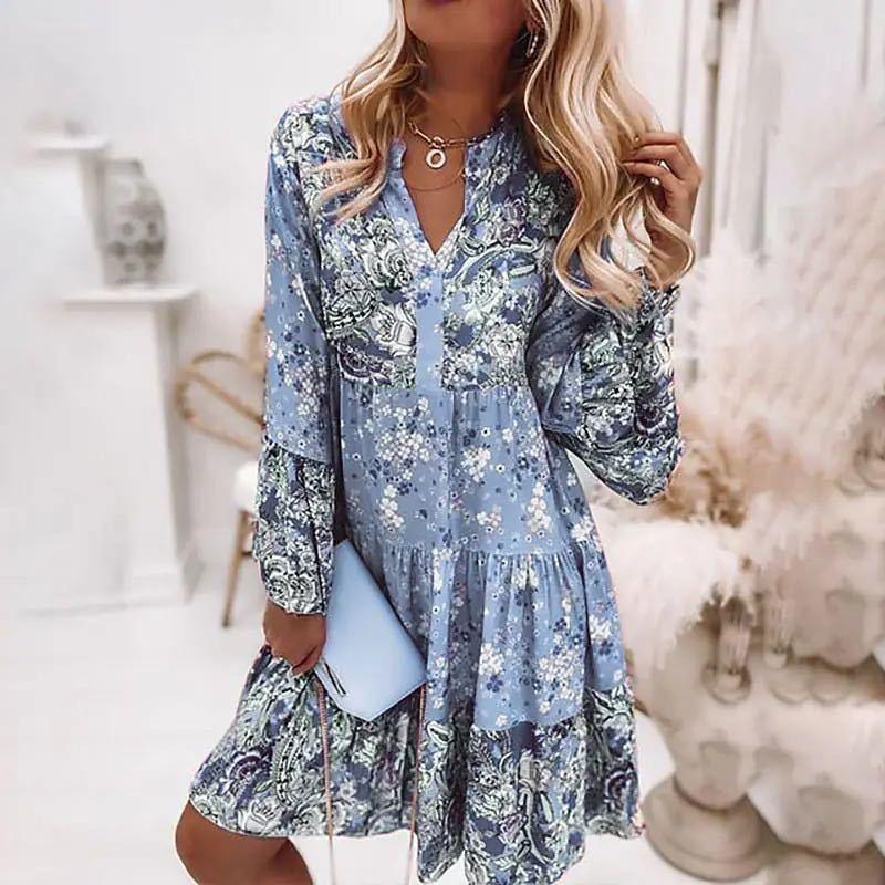 Summer Boho Mini Dress Women Flora Print Batwing Sleeve Lace-Up V Neck Loose Button Dresses Ladies Beach Party Dress Vestido