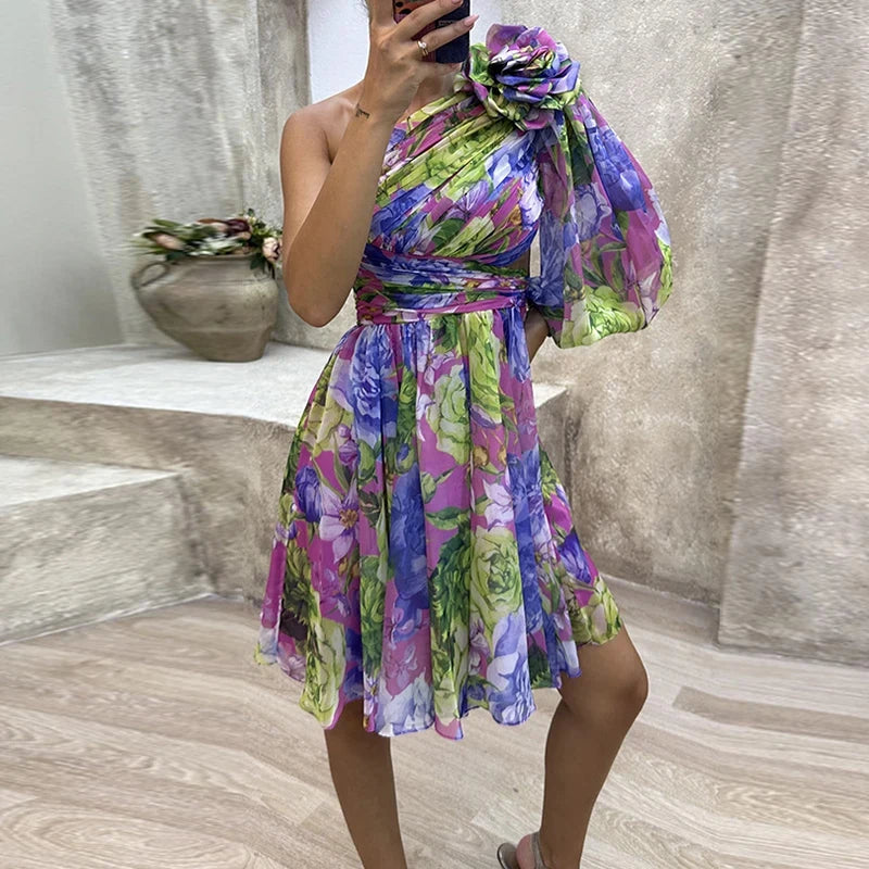 Sexy Female Hight Split Loose Hem One Shoulder Print Beach Party Dress Lady Side Split One Sleeve Long Dress Women Evening Dress