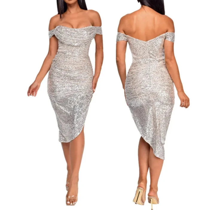 Plus Size Women Sexy Off Shoulder Sequin Bodycon Knee Length Dress Evening Summer 2024 Fashion Party Club Prom Dresses