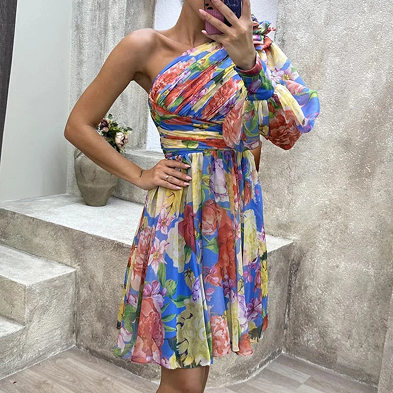 Sexy Female Hight Split Loose Hem One Shoulder Print Beach Party Dress Lady Side Split One Sleeve Long Dress Women Evening Dress