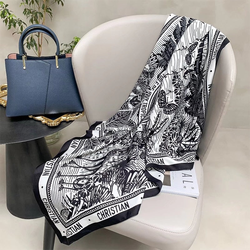 Luxury Brand Square Silk Scarf Women Satin Print Hijab Scarves Muslim Pareo Bandana Female Shawl Wrap Headband Foulard 90*90cm