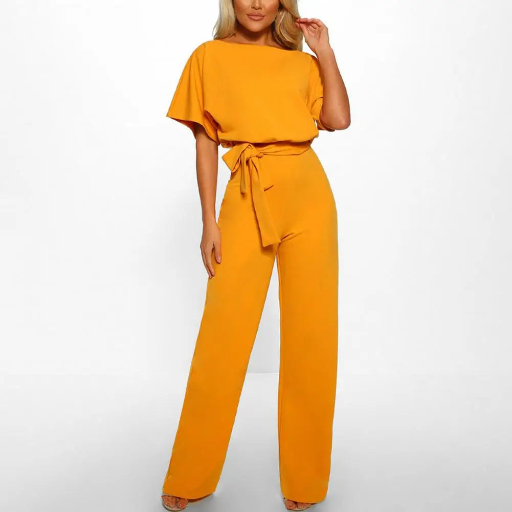 Elegant Ladies Jumpsuit Business Style Playsuit Round Neck Women Solid Color Straight Leg Romper  Slim