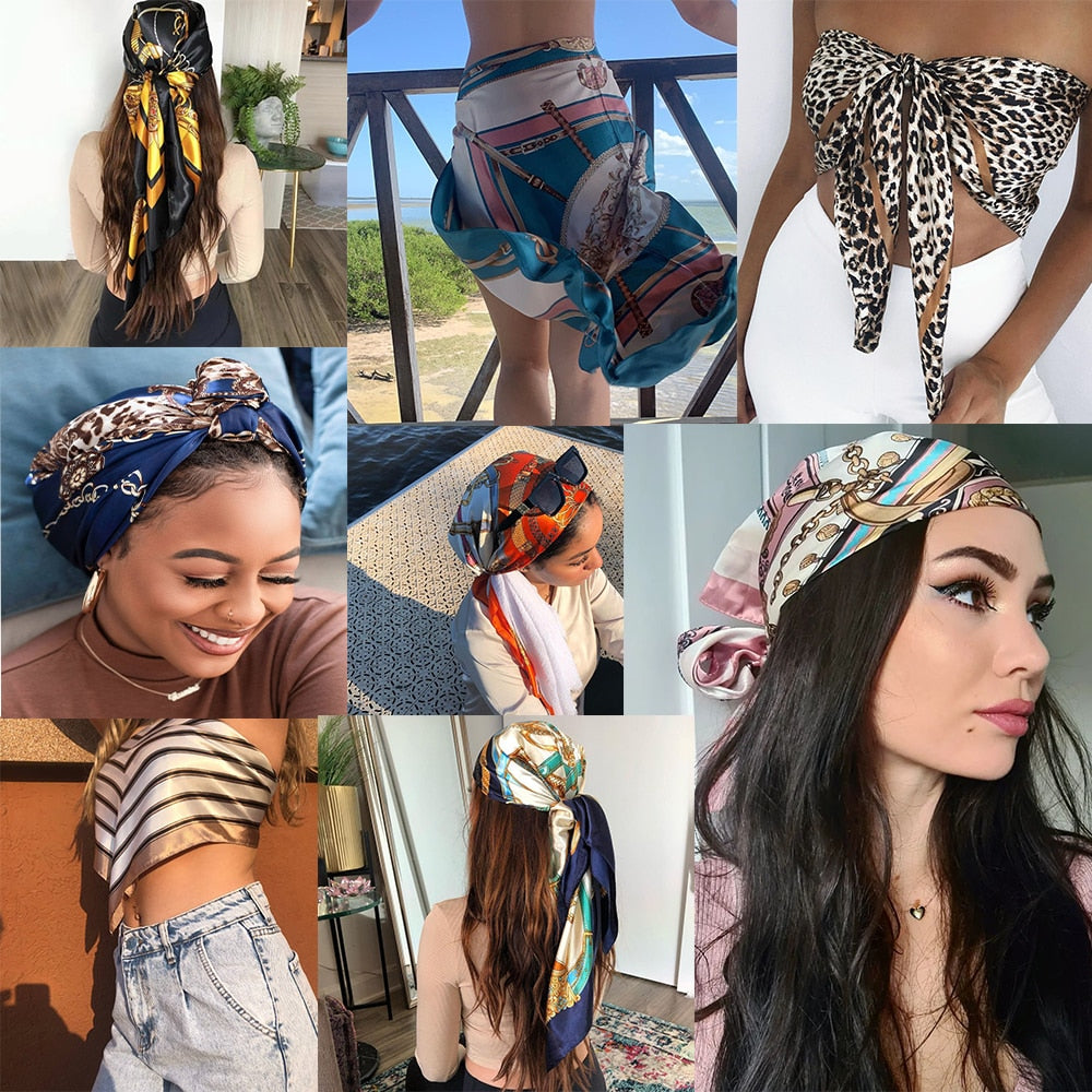 Silk Scarf Scarftop Headwraps For Women Vintage Four Seasons Hair Scarve 90*90cm Hijab Foulard Iuxe Bandana Femme Headscarf