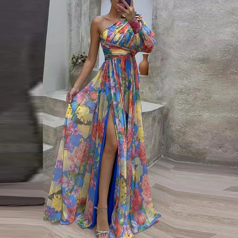 Sexy Female Hight Split Loose Hem One Shoulder Print Beach Party Dress Lady Side Split One Sleeve Long Dress Women Evening Dress