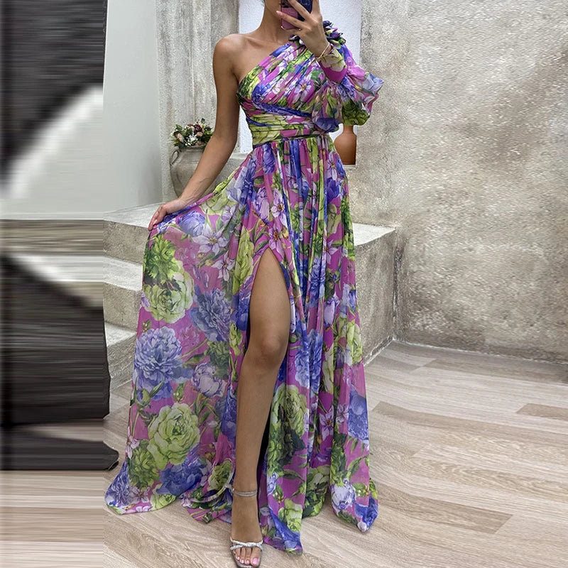 Sexy Female Hight Split Loose Hem One Shoulder Print Beach Party Dress Lady Side Split One Sleeve Long Dress Women Evening Dress