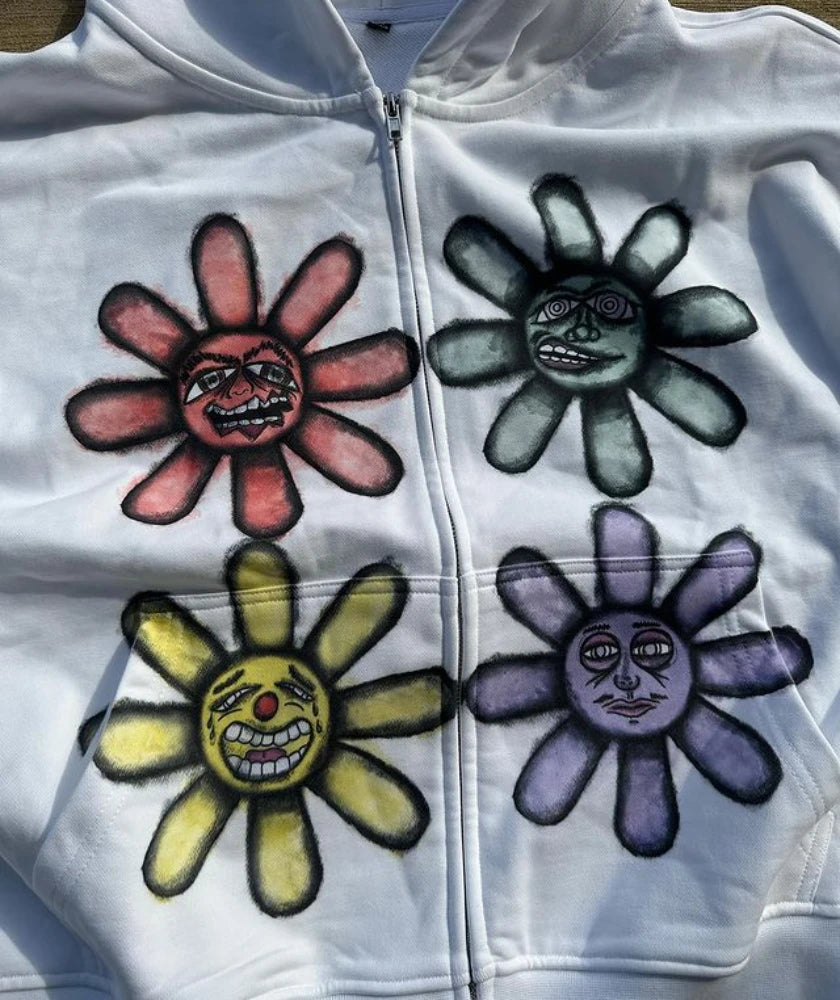 Harajuku Vintage Sunflower Print Zipper Hoodie 2024 American New Men's and Women's Street Casual Loose Y2K Clothes anime hoodie