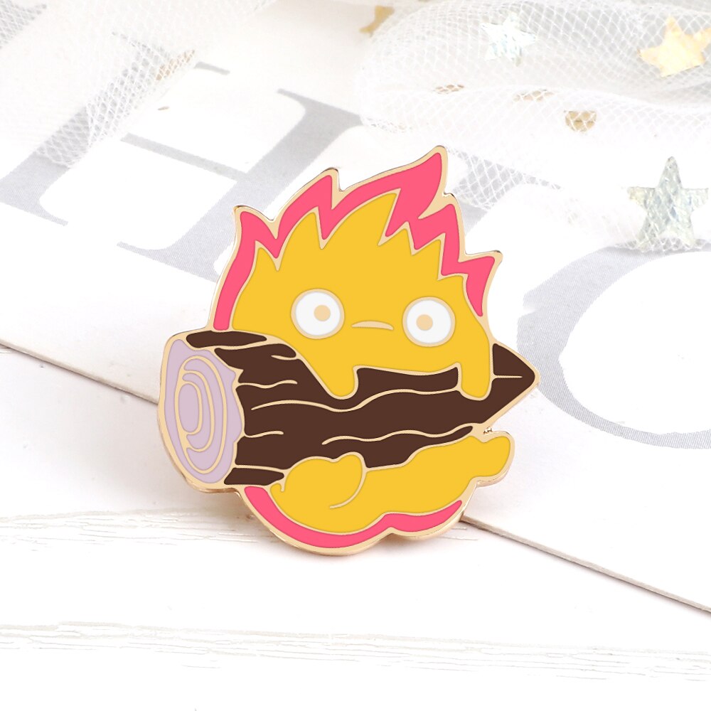Fire Demon Calcifer Enamel Pins Cute Magic Fire Elf Firewood Anime Brooches Badges Shirt Lapel Pin Jewelry Gift For Friends Kids