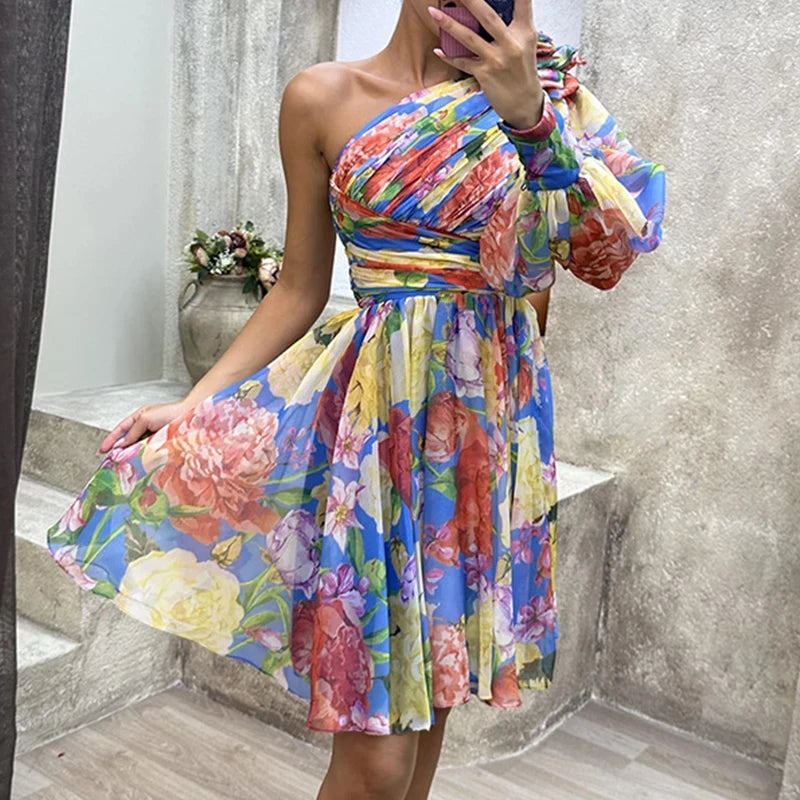 Sexy Female Hight Split Loose Hem One Shoulder Print Beach Party Dress Lady Side Split One Sleeve Long Dress Women Evening Dress